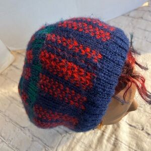 VINTAGE FAIR-ISLE KNITTED MULTI COLORED BEANIE NAVY/RED O/S